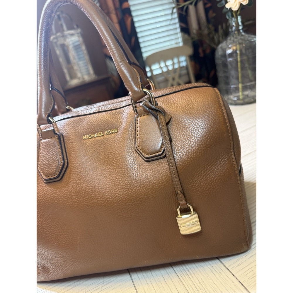 Michael Michael Kors Mercer Pebbled Brown Leather Double Handle Satchel Handbag‎ - Picture 14 of 16